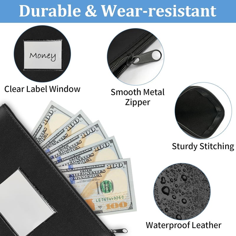 Hoiny 2 Pack Money Bags with Zipper, Bank Pouch with Label, 11 x 6.1 Inch PU Leather Cash Deposit Holder for Coins, Invoice, Bills, Cosmetics, Tools (Black & Navy Blue) - Image 3